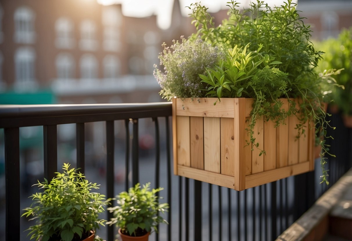 A wooden rail planter filled with various herbs hangs from a balcony railing, adding a touch of green to a small urban space