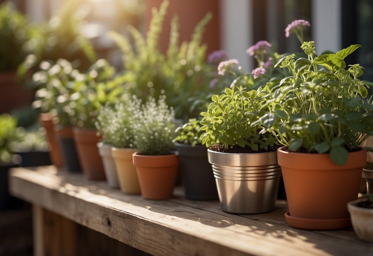 A small, sunlit patio with a variety of potted herbs in optimal soil and containers. Compact and efficient use of space for a thriving herb garden