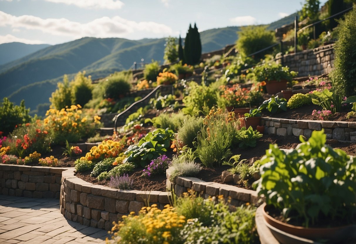 A terraced hillside garden with vibrant vegetables, surrounded by sturdy retaining walls