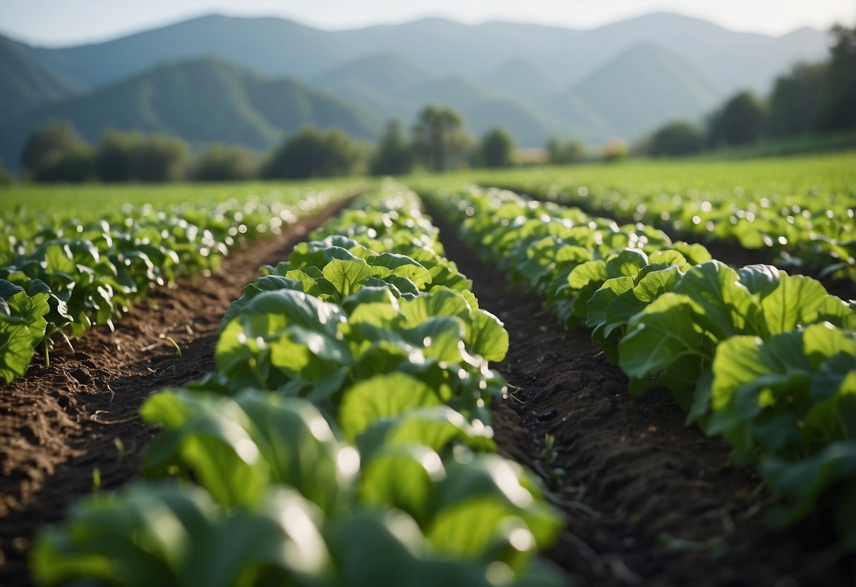 Lush green hillside with rows of vibrant vegetables, water droplets glistening on drip irrigation system