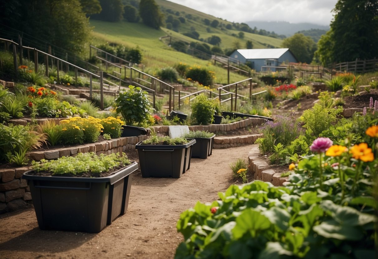 A hillside garden with composting bins, surrounded by lush vegetable beds and winding pathways. A mix of colorful plants and flowers add vibrancy to the scene