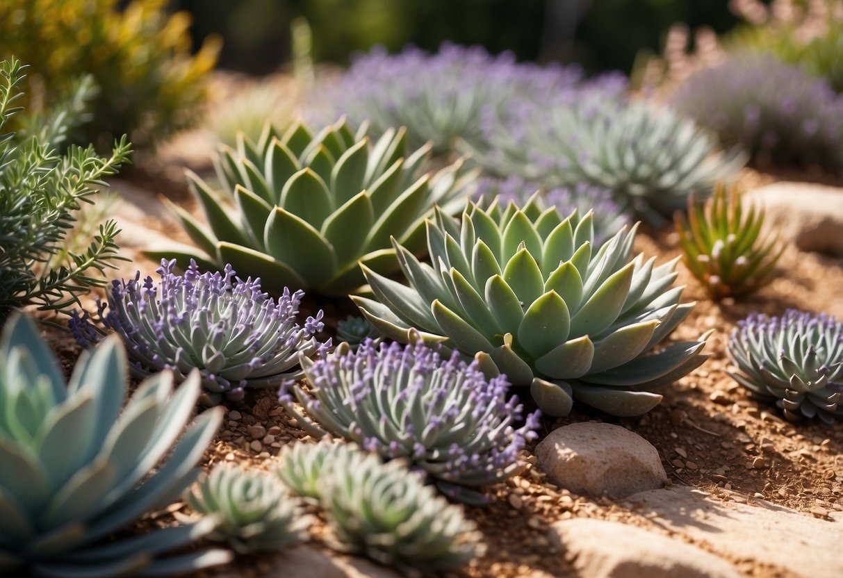 A hillside garden showcases drought-tolerant plants, with succulents, lavender, and rosemary thriving in rocky, sun-drenched soil