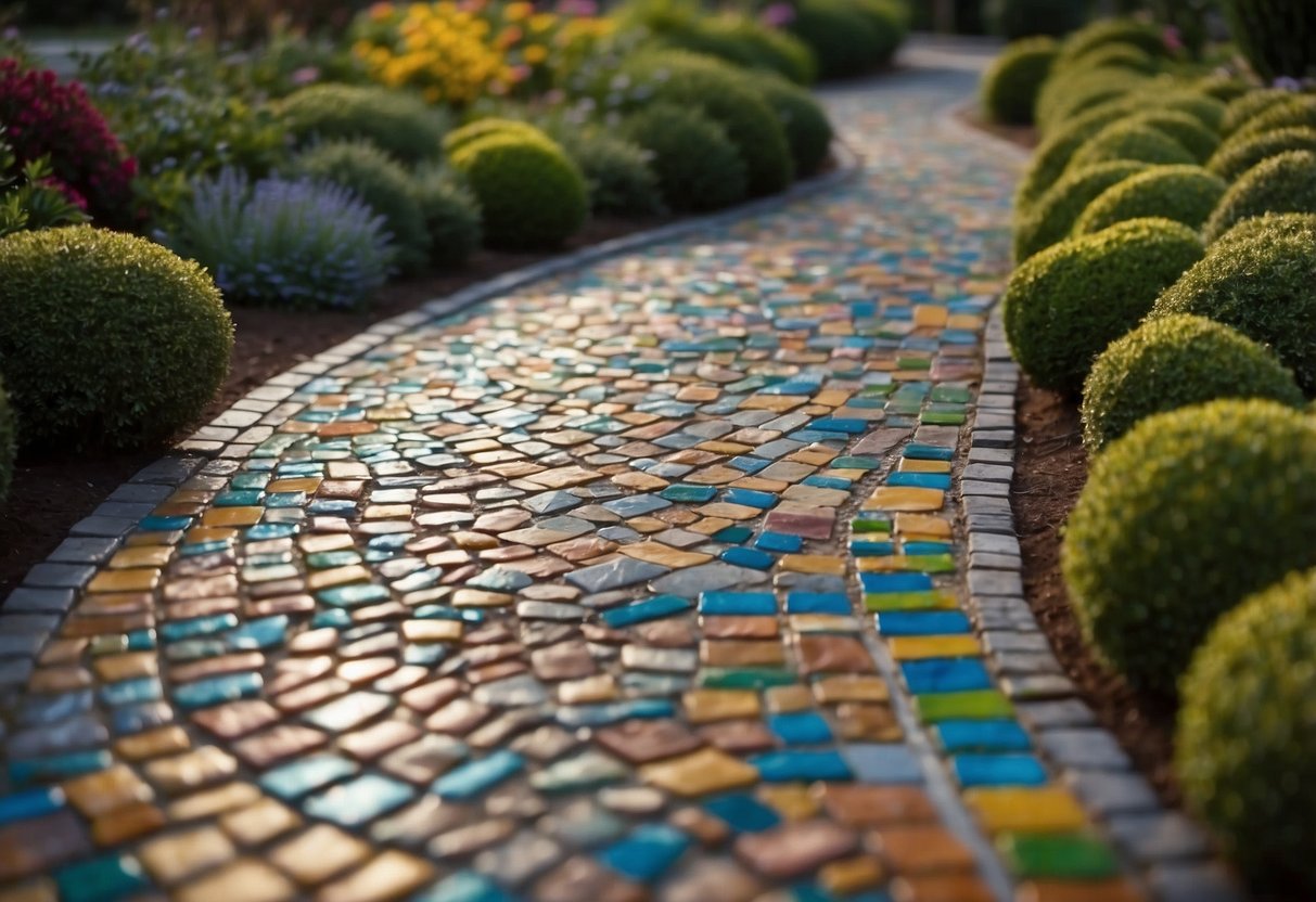 A winding pathway reflects a mosaic of colorful tiles, creating an illusion of depth and movement in a garden setting