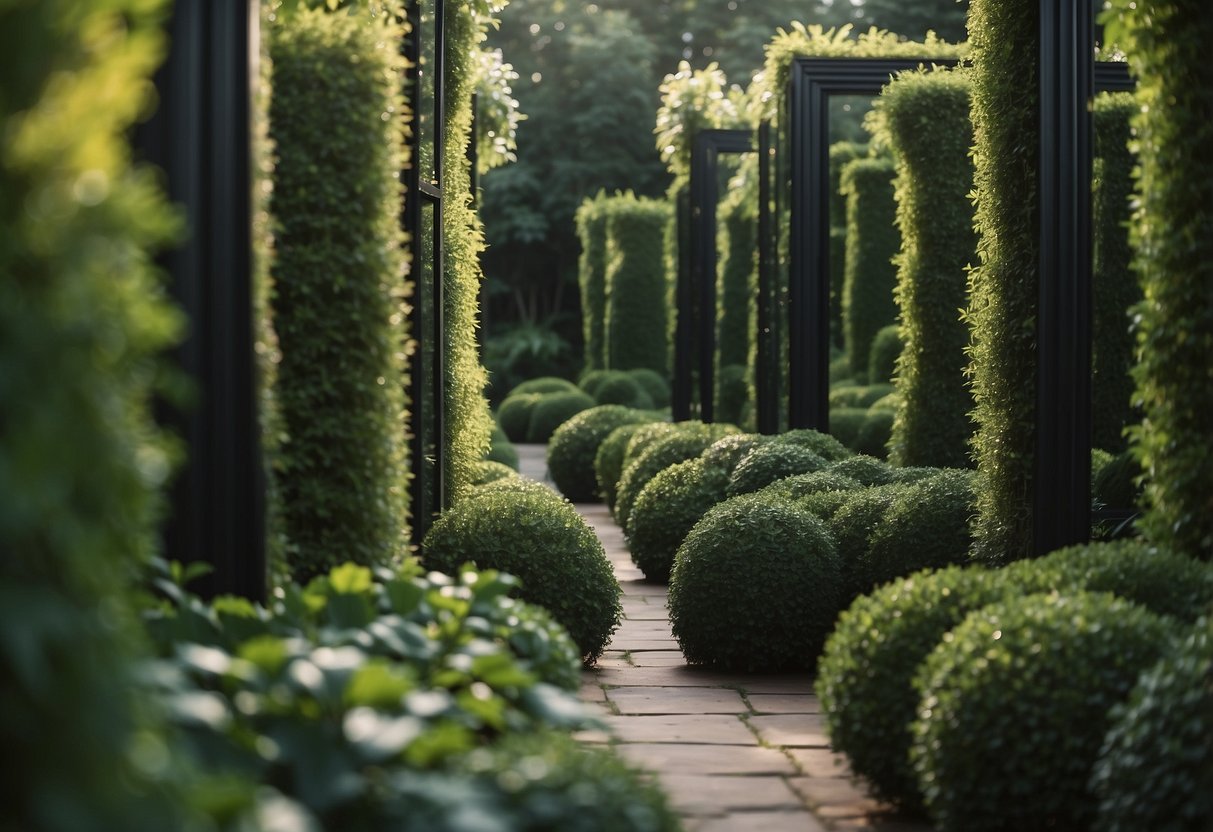 Lush greenery reflects in a maze of tall garden mirrors, creating an illusion of an endless secret garden