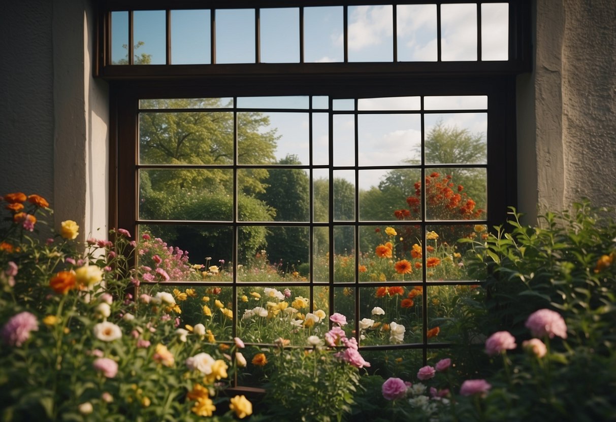 A vintage window pane mirror reflects an illusion garden with lush greenery and colorful flowers