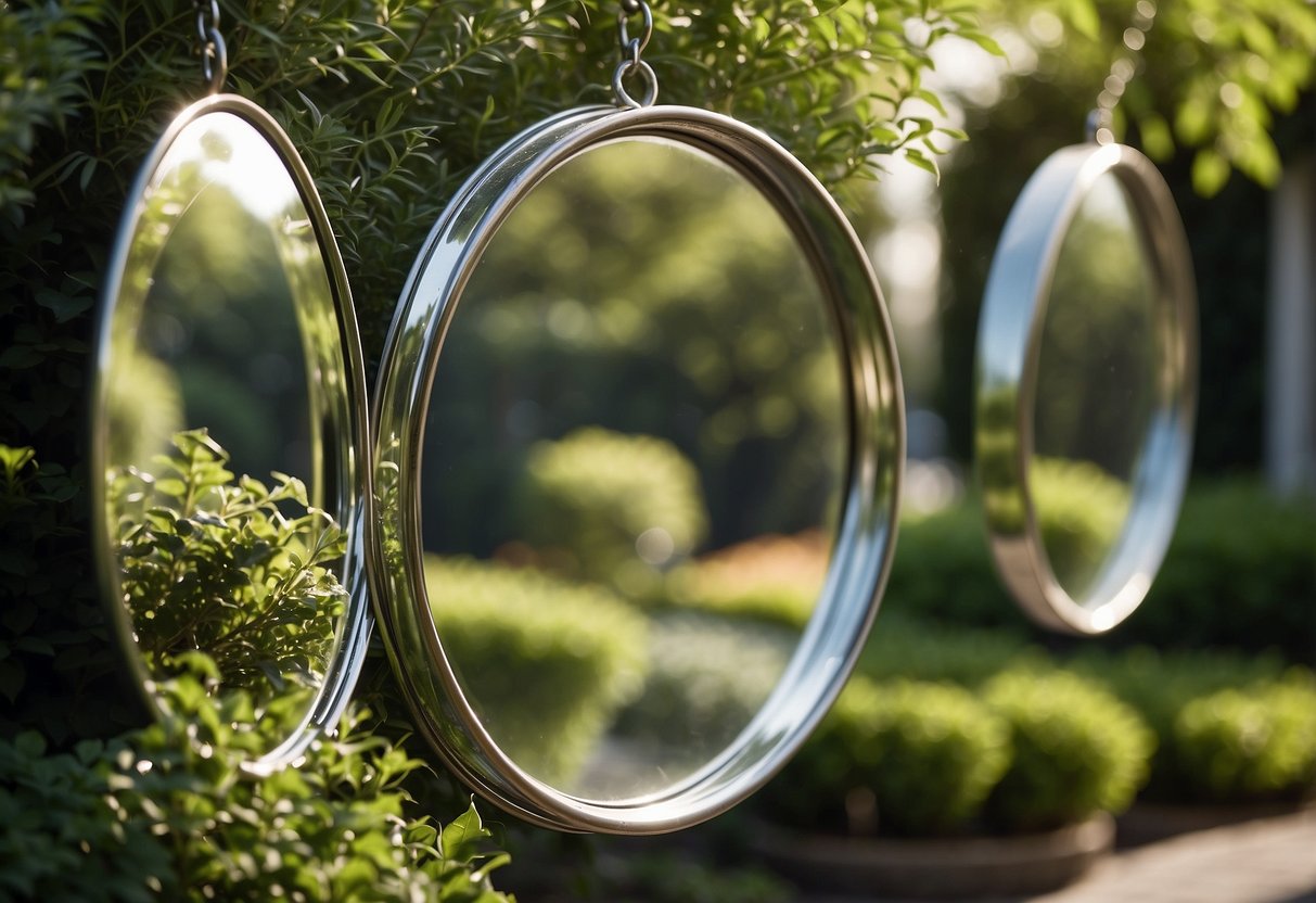 Multiple circular mirrors hang from a garden trellis, reflecting the surrounding greenery and creating an illusion of depth and space