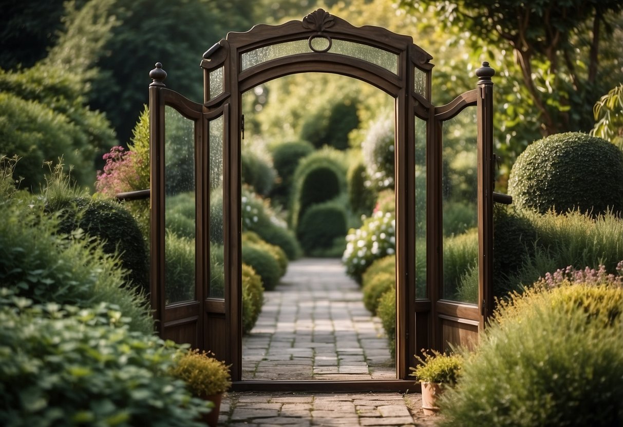 A rustic frame mirror gate stands in a garden, reflecting the surrounding greenery and creating an illusion of depth