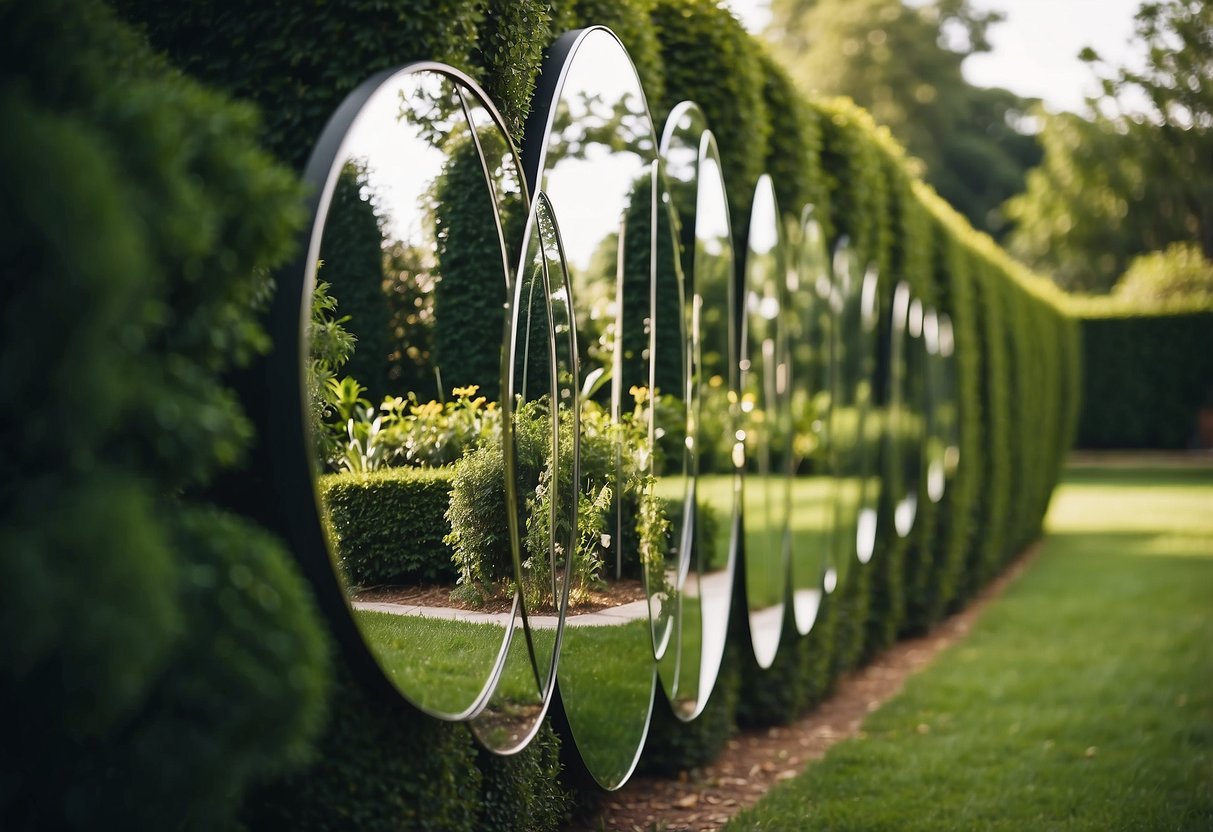 A garden with geometric patterned mirrors reflecting the surrounding greenery and creating an illusion of depth and space