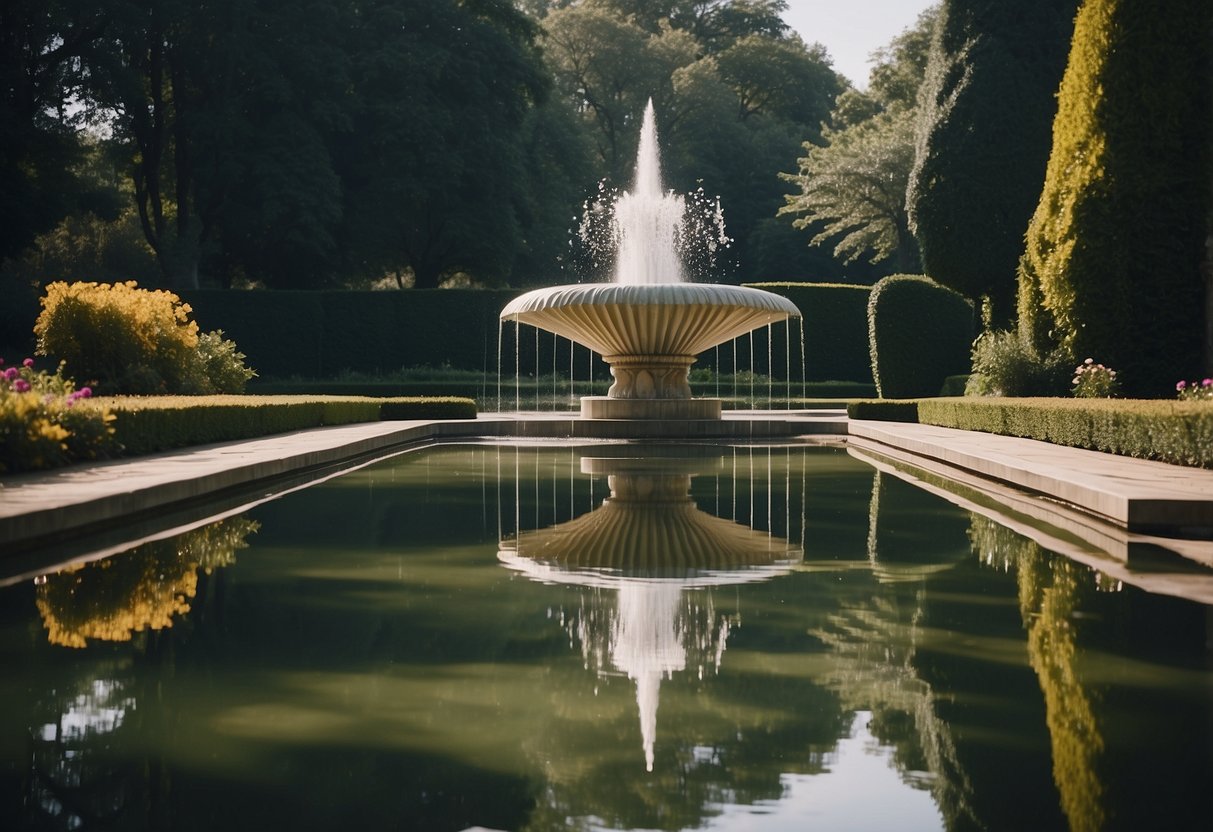 A fountain reflects a garden in a mirror illusion, creating an enchanting and surreal scene for an illustrator to recreate