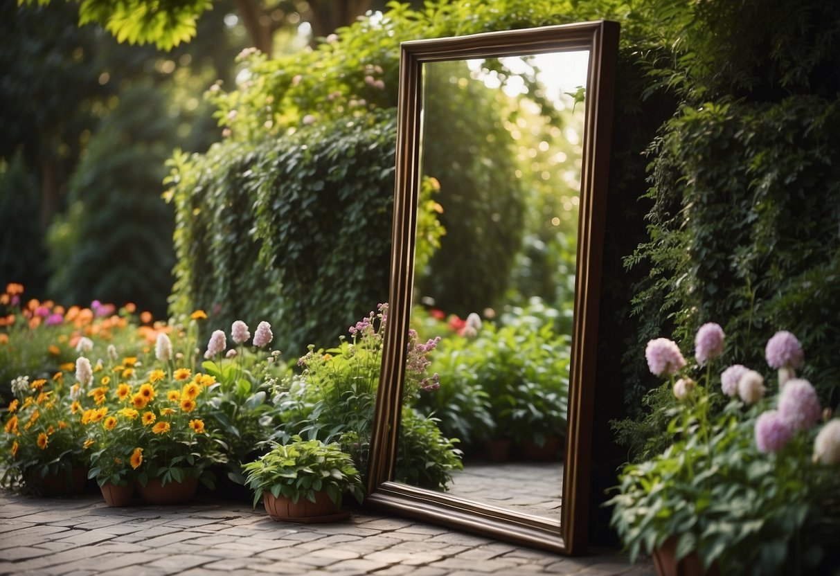 A large leaner mirror reflects a lush garden, creating an illusion of depth and space. Surrounding foliage and flowers add color and texture to the scene