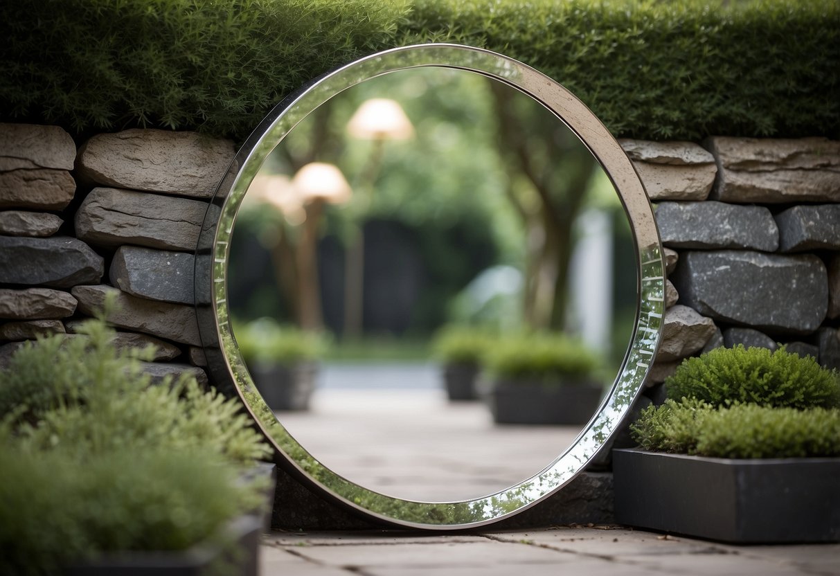 A garden mirror reflects stacked stone, creating an illusion of depth and texture