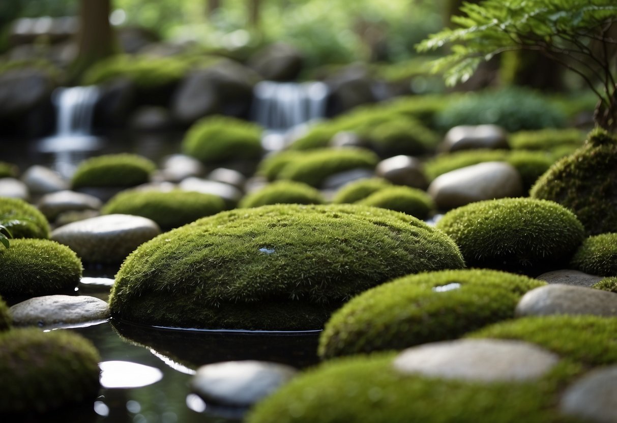 Moss-covered stones arranged in a tranquil modern Japanese garden, surrounded by carefully manicured plants and a peaceful water feature