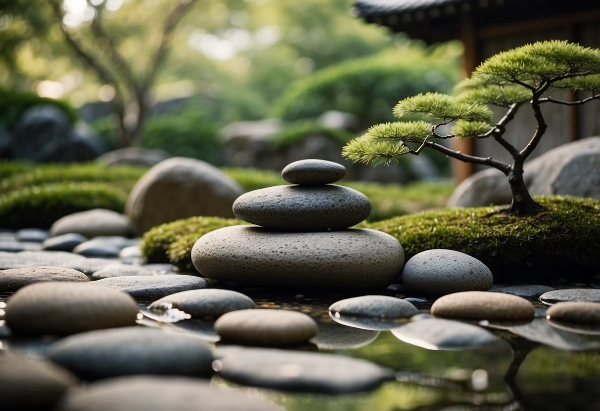 A serene modern Japanese garden with shoji screen panels, bamboo, and carefully arranged stones