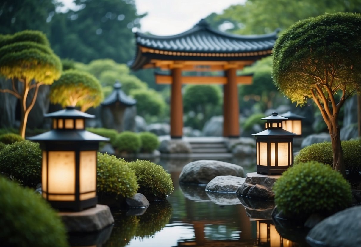 Stone lanterns illuminate a serene modern Japanese garden, casting soft light on carefully manicured plants and tranquil water features