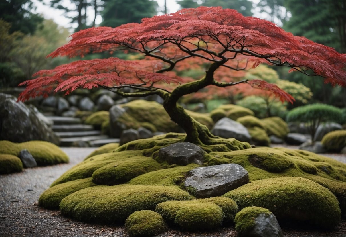 A Japanese Maple Tree stands in a modern Japanese garden, surrounded by carefully arranged rocks, moss, and gravel. The tree's vibrant red leaves contrast with the minimalist design of the garden