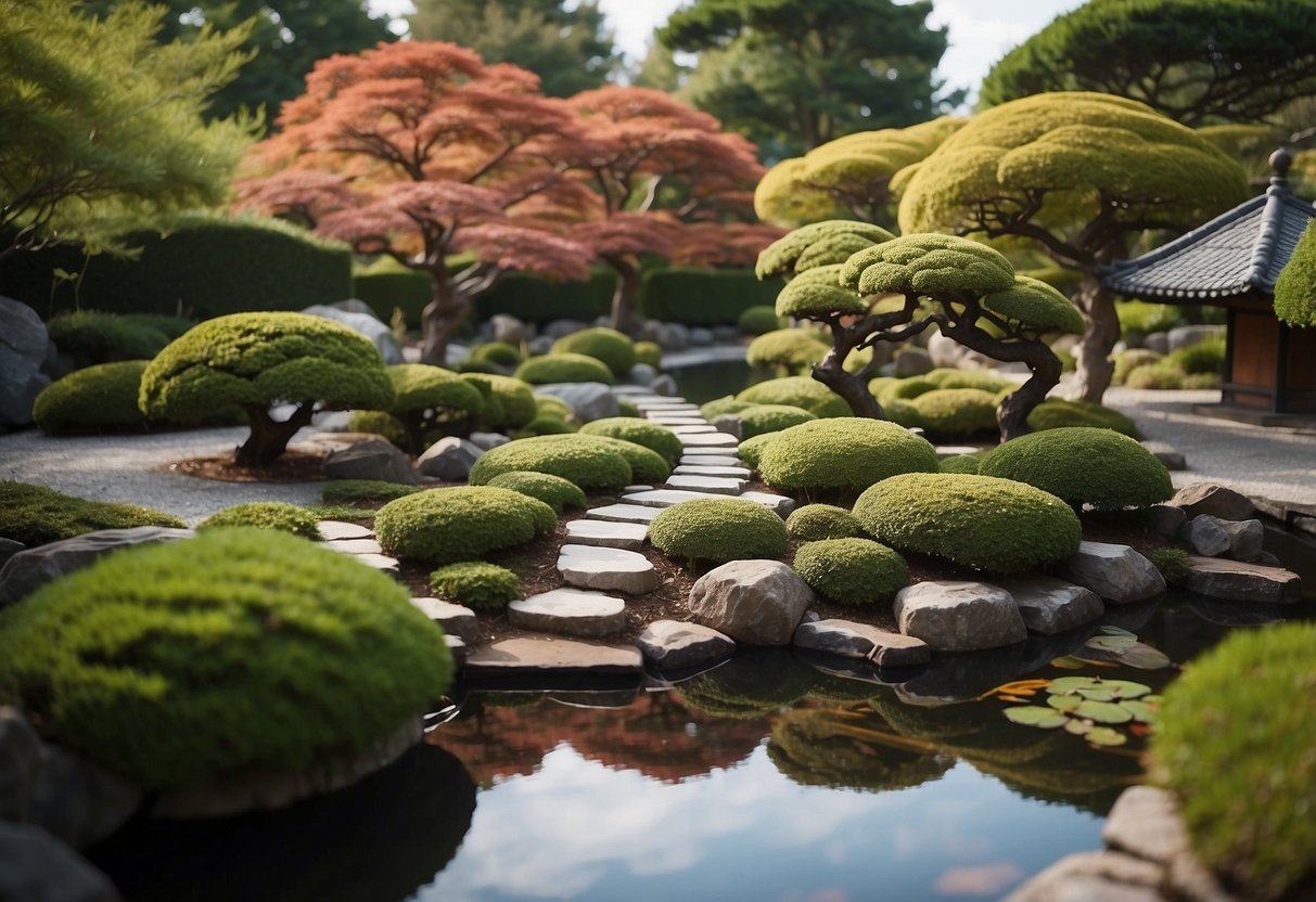 A serene modern Japanese garden with winding gravel pathways, carefully pruned bonsai trees, and a tranquil koi pond