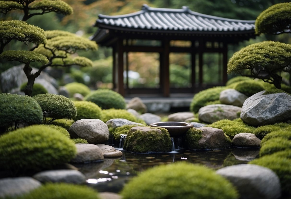 A modern Japanese garden with a Tsukubai fountain surrounded by carefully arranged rocks, moss, and minimalist landscaping