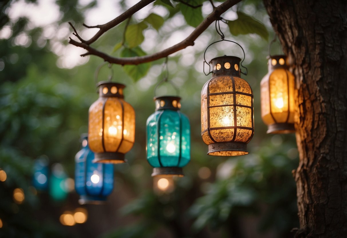 Colorful garden lanterns hang from tree branches, casting a warm glow on a rustic milk jug repurposed as a charming garden decoration