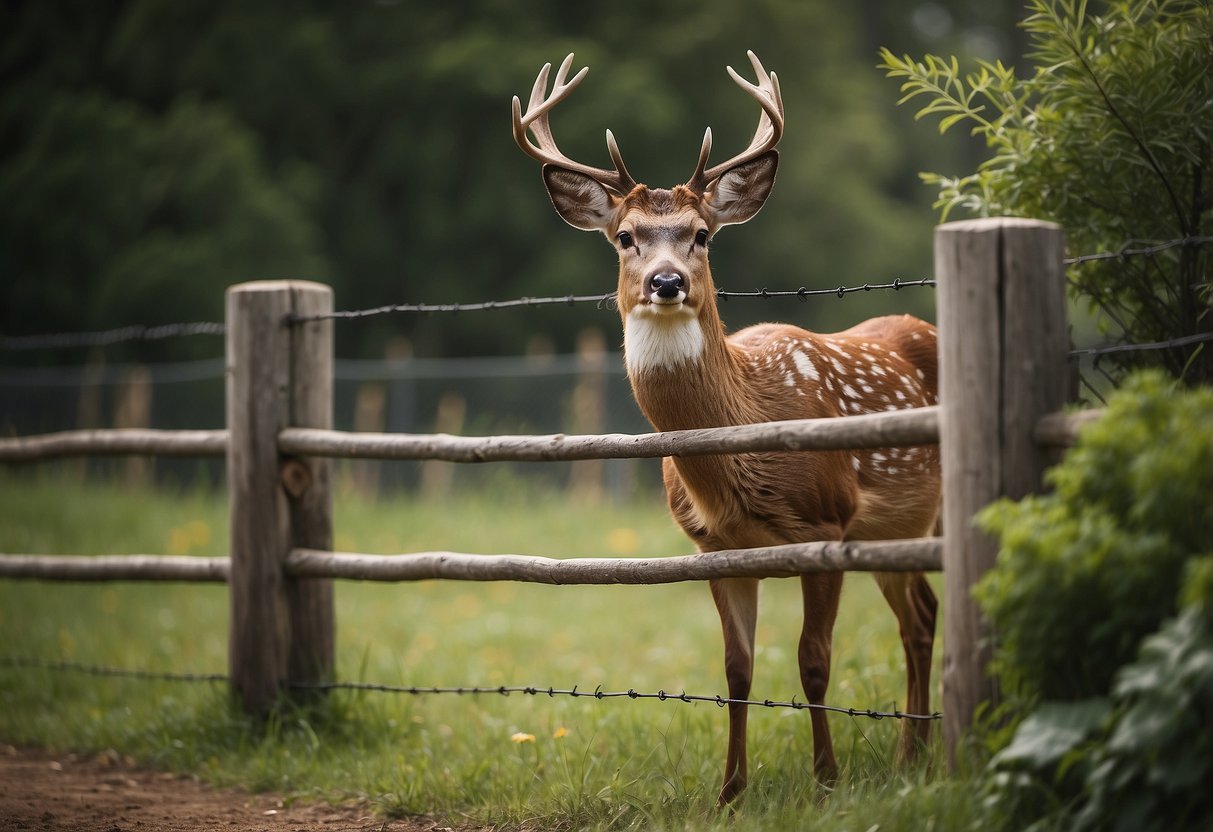 A split rail fence surrounds a garden, with a mesh fence added to keep deer out