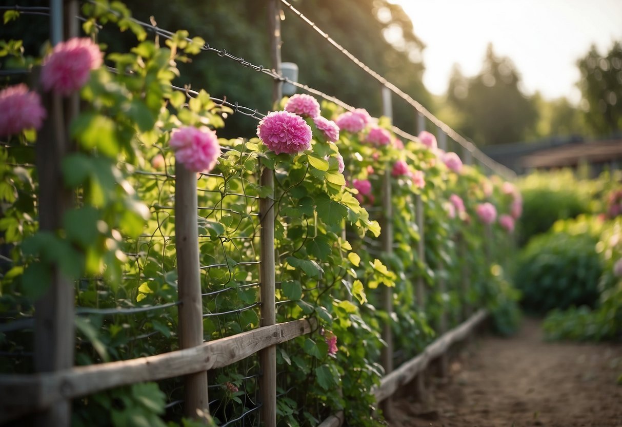 A sturdy garden trellis stands tall, wrapped in thick wire mesh to deter deer. Lush green vines climb the trellis, intertwining with colorful flowers, creating a beautiful and practical barrier