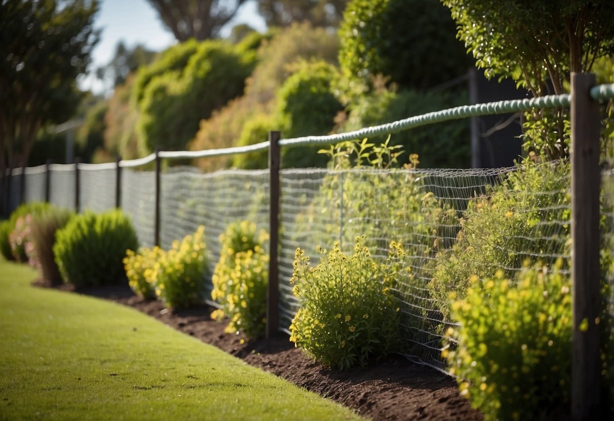 A tall, sturdy fence surrounds a lush garden, topped with angled netting and motion-activated sprinklers. Tall shrubs and prickly plants line the perimeter