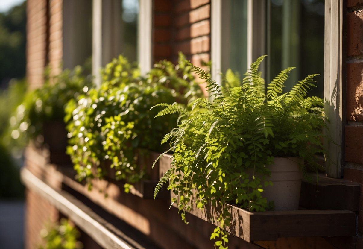 Lush green plants spill from window boxes, framing a cozy outdoor scene. The sun casts a warm glow on the vibrant foliage, creating a peaceful and inviting atmosphere