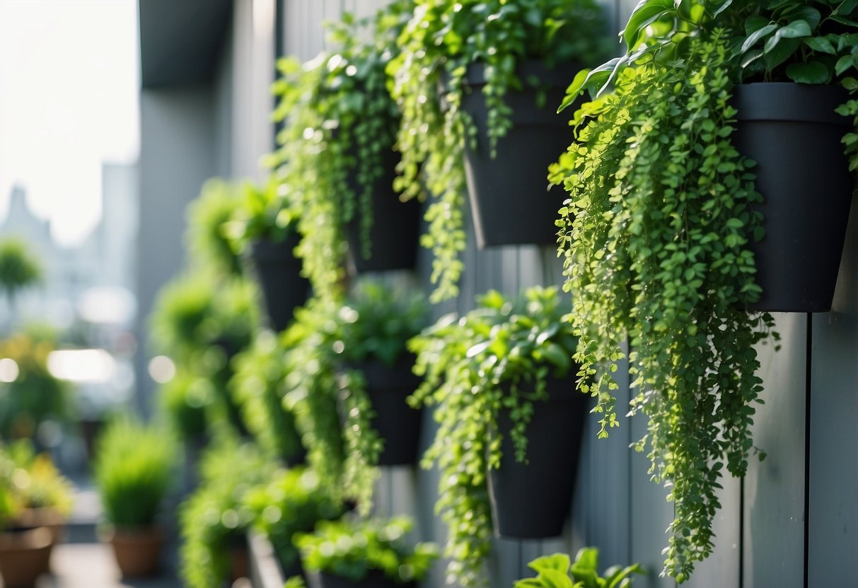 Lush green plants cascading down from vertical planters, creating a vibrant and lively garden space