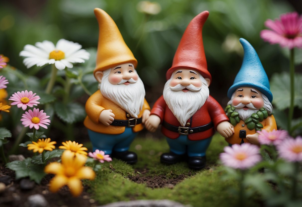 Garden gnomes arranged in a colorful garden, surrounded by flowers and whimsical decor