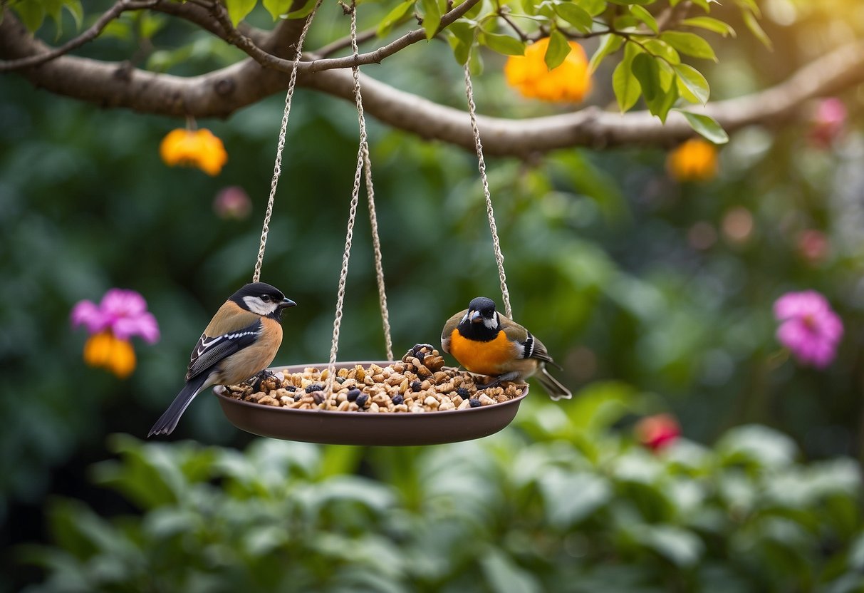 Bird feeders hang from a tree branch in a lush garden. A variety of birds gather to feed, surrounded by colorful flowers and foliage