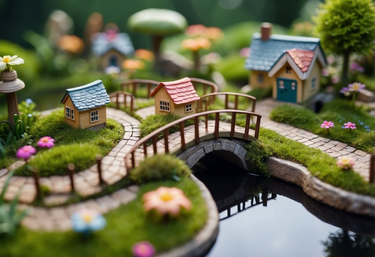 A lush garden with tiny fairy houses, colorful flowers, and winding paths. A small pond with lily pads and a miniature bridge completes the magical scene