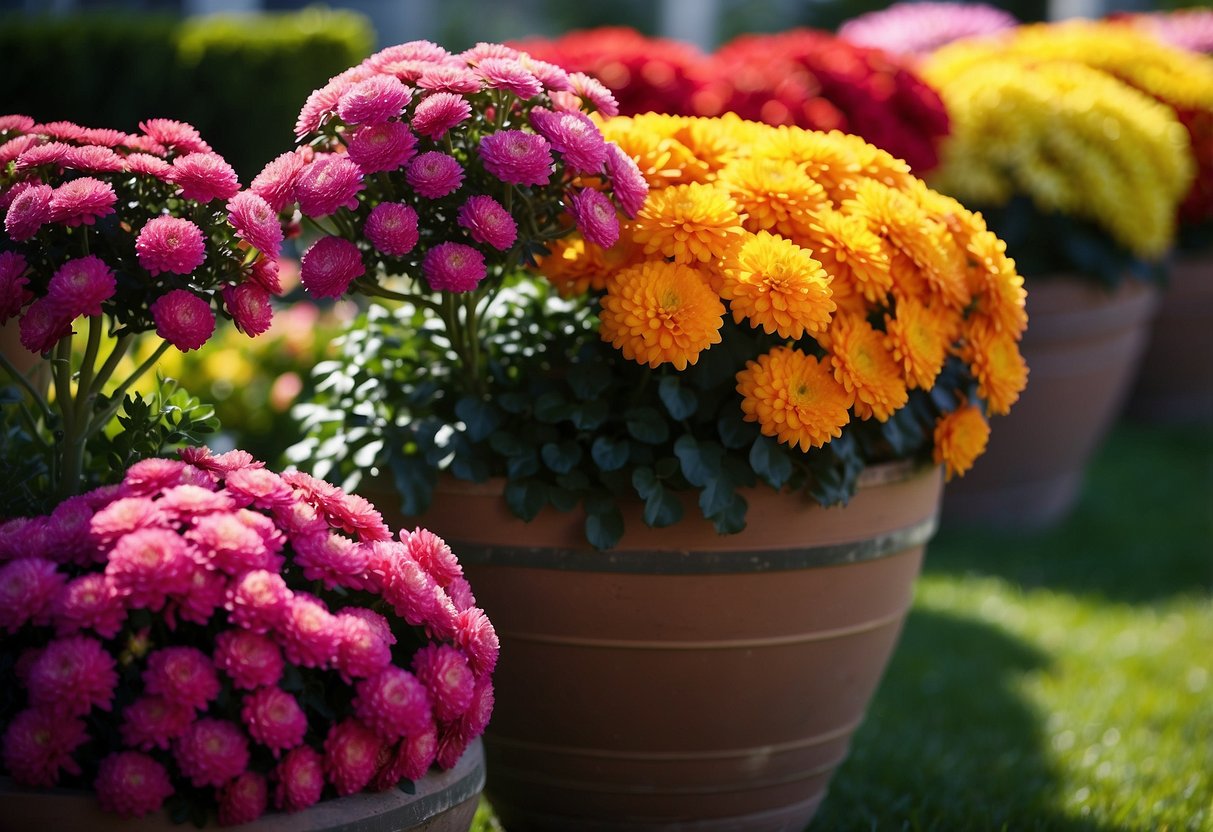 Vibrant planters overflowing with colorful mums arranged in a garden setting. Rich, varied hues create a visually stunning display of natural beauty