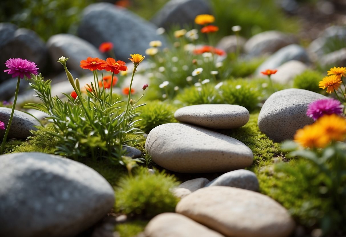 A serene rock garden with carefully arranged stones, surrounded by lush greenery and colorful flowers