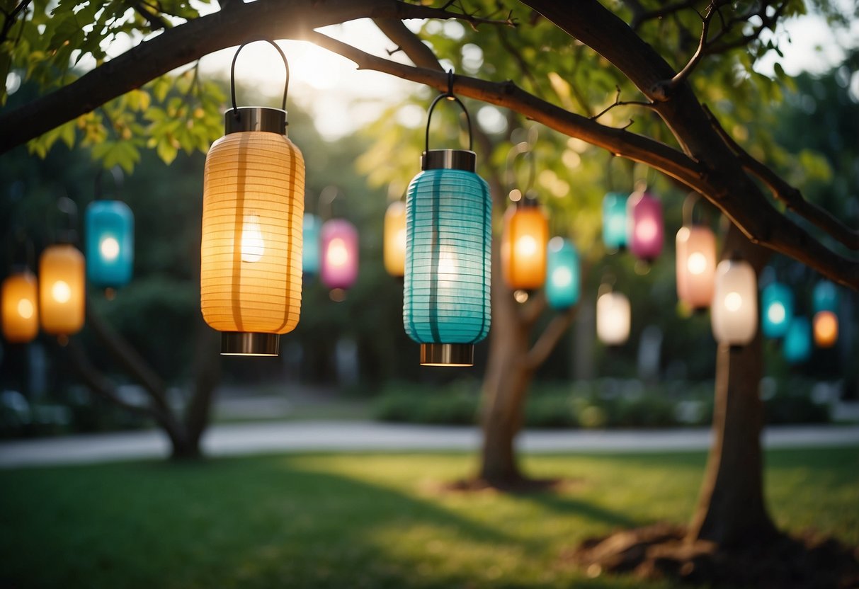 Colorful lanterns hang from trees in a lush garden, casting a warm glow over the outdoor space