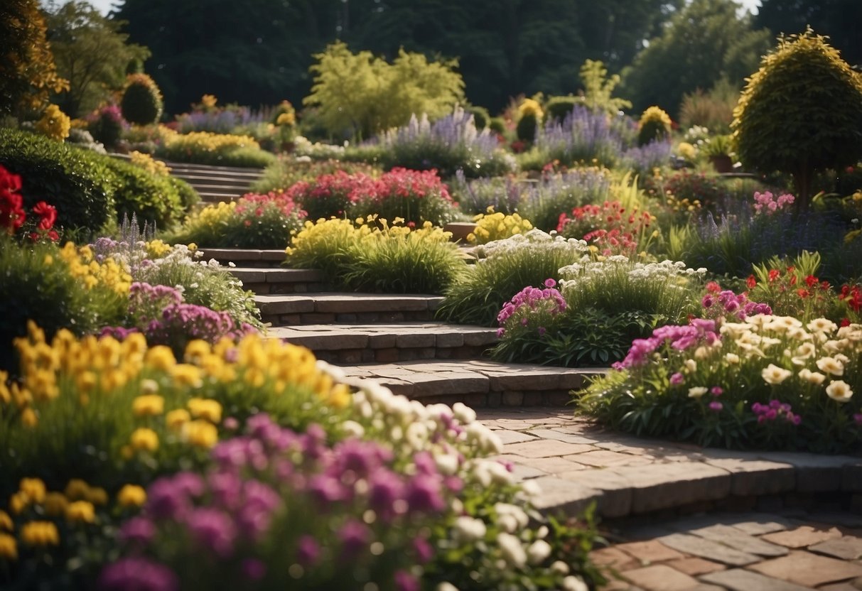 Tiered flower beds cascade down a sunken garden, creating a lush and vibrant landscape