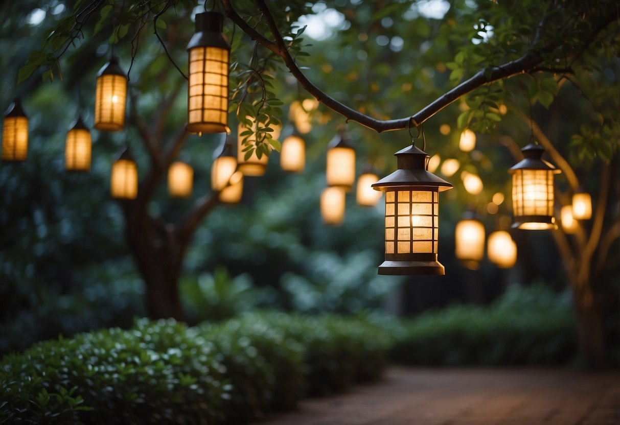 Lanterns hang from trees in a lush sunken garden, casting a warm glow over the tranquil space