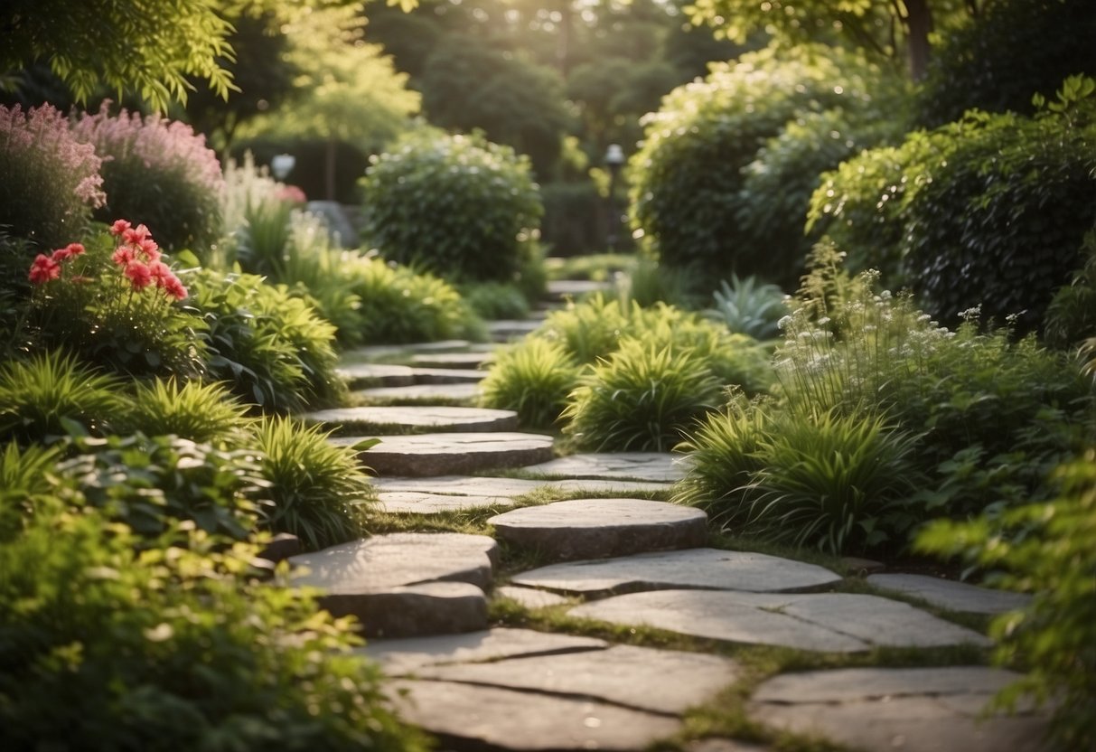 A winding path through lush greenery, with sunken stepping stones leading to a central garden. Surrounding plants and flowers create a serene and inviting atmosphere