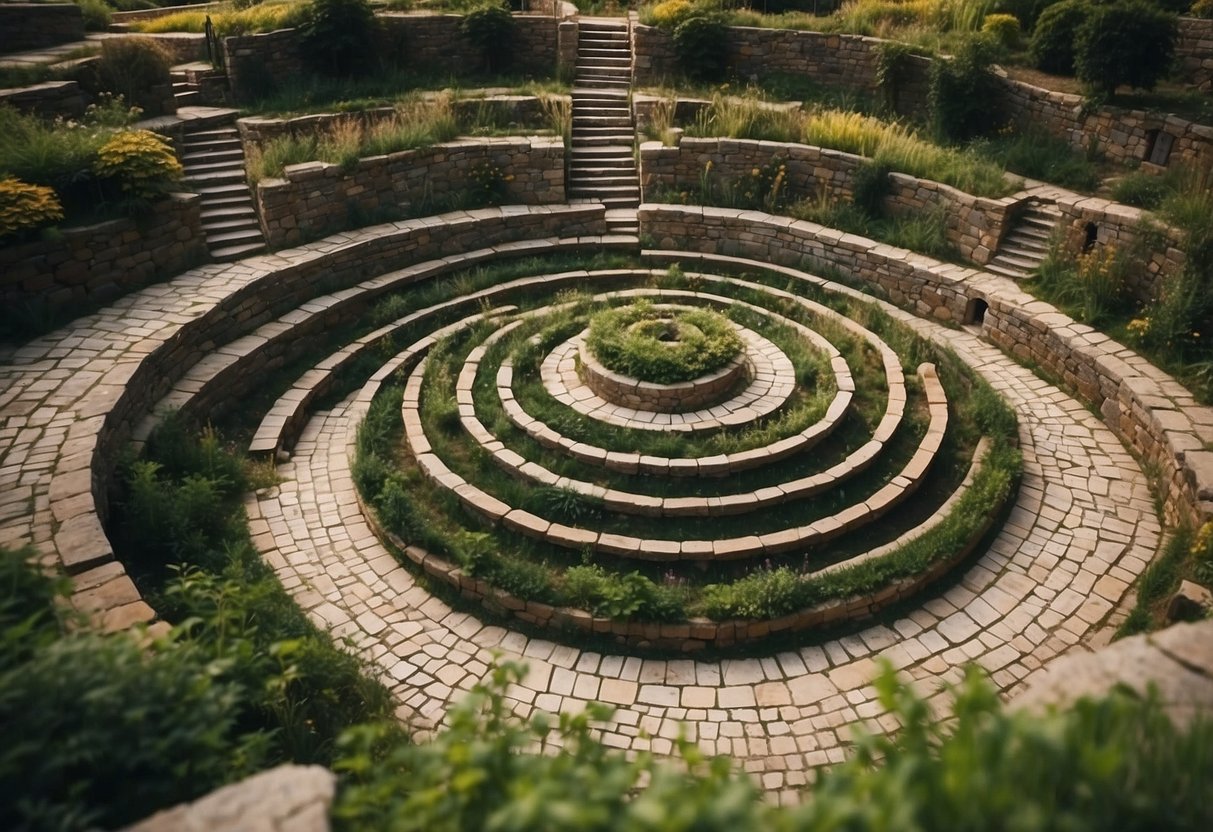 A sunken garden with a spiraling design, filled with various herbs and plants, surrounded by stone walls and steps leading down to the center