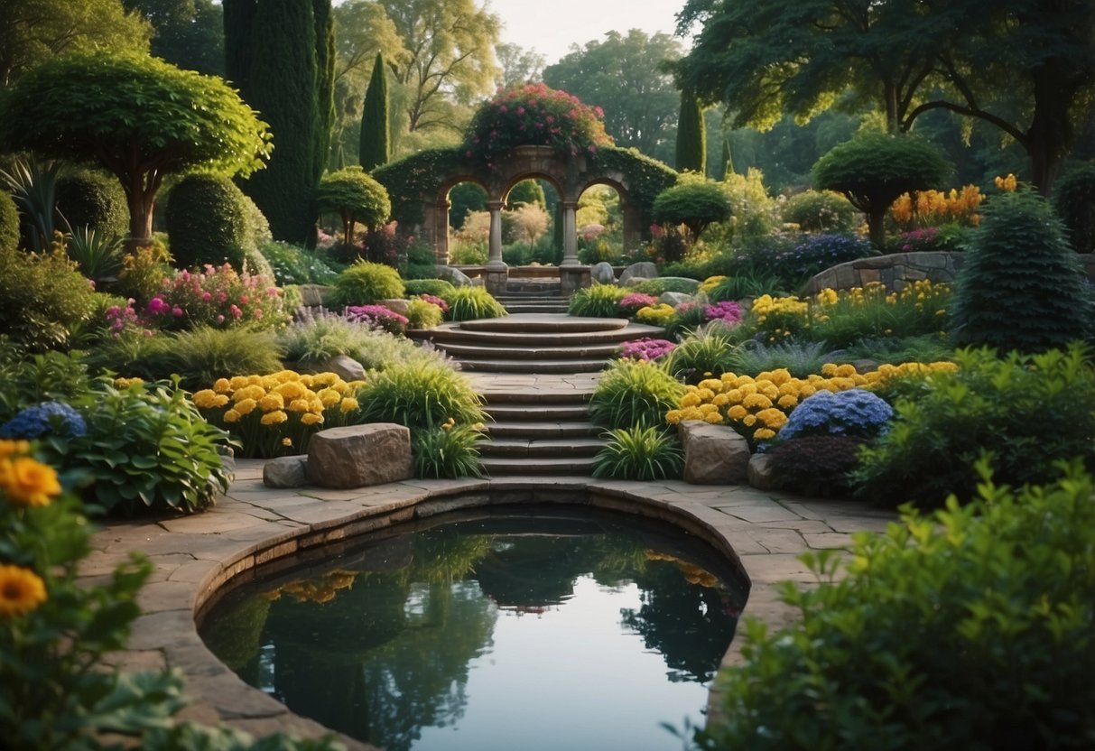 A sunken garden with lush greenery, cascading water features, and colorful flowers creating a peaceful and serene oasis