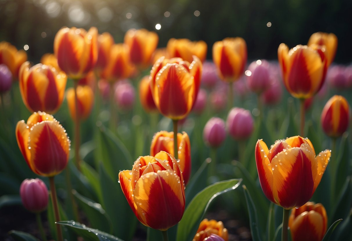 Vibrant tulips glisten with dew drops in a serene garden setting