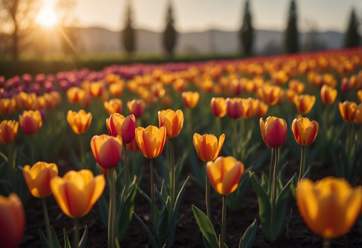 The sun sets behind rows of vibrant tulips in a sprawling field, casting a warm glow over the colorful blooms. A peaceful and serene scene, perfect for capturing the beauty of nature