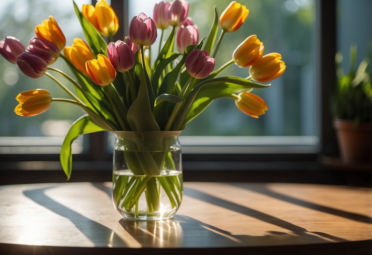 A clear glass vase holds a vibrant bouquet of tulips, with a lush green garden as the backdrop. Sunshine illuminates the delicate petals, casting soft shadows on the table below