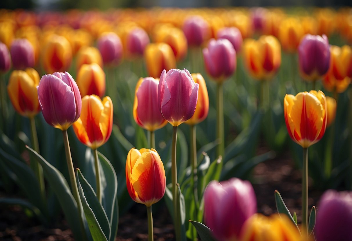 Vibrant tulip petals in a close-up shot, with a blurred tulip garden in the background