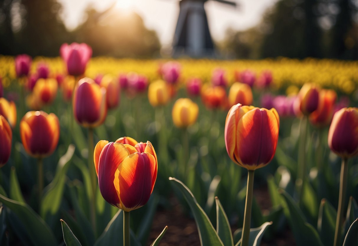 A colorful tulip garden surrounds a traditional windmill in the countryside. Vibrant flowers bloom in neat rows, with the windmill standing tall in the background