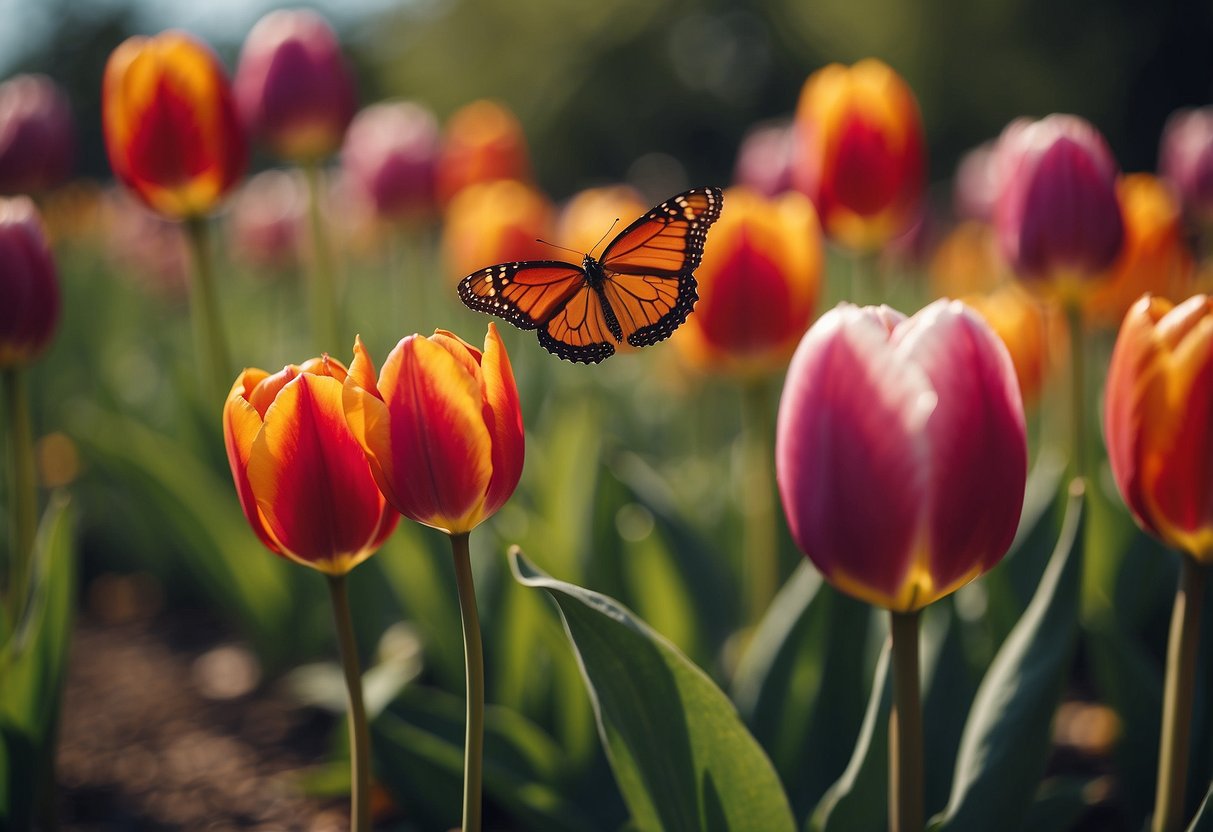 A colorful tulip garden with butterflies fluttering among the flowers