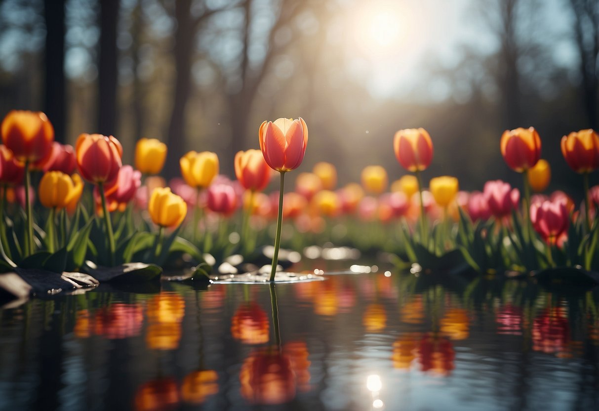 Vibrant tulips bloom beside a tranquil pond, their colorful reflections dancing on the water's surface