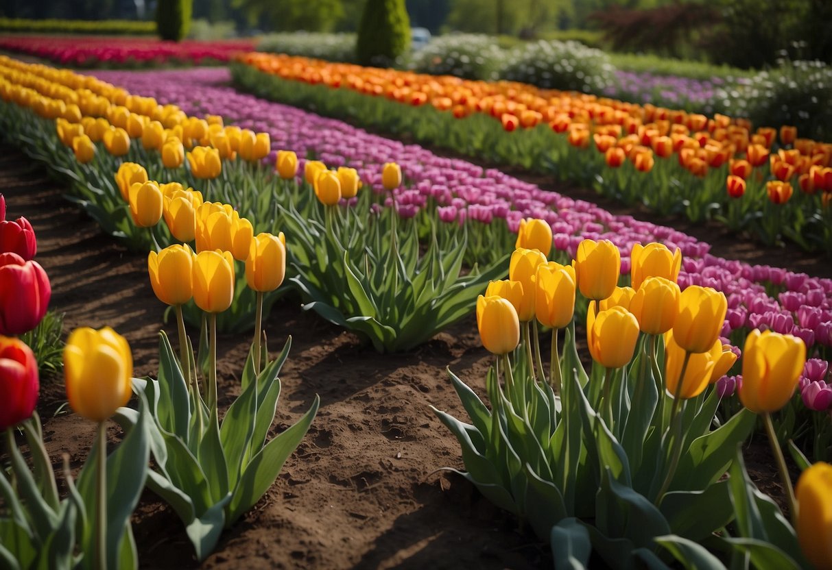 A bird's-eye view of a vibrant tulip bed with various colors and patterns, surrounded by lush green foliage