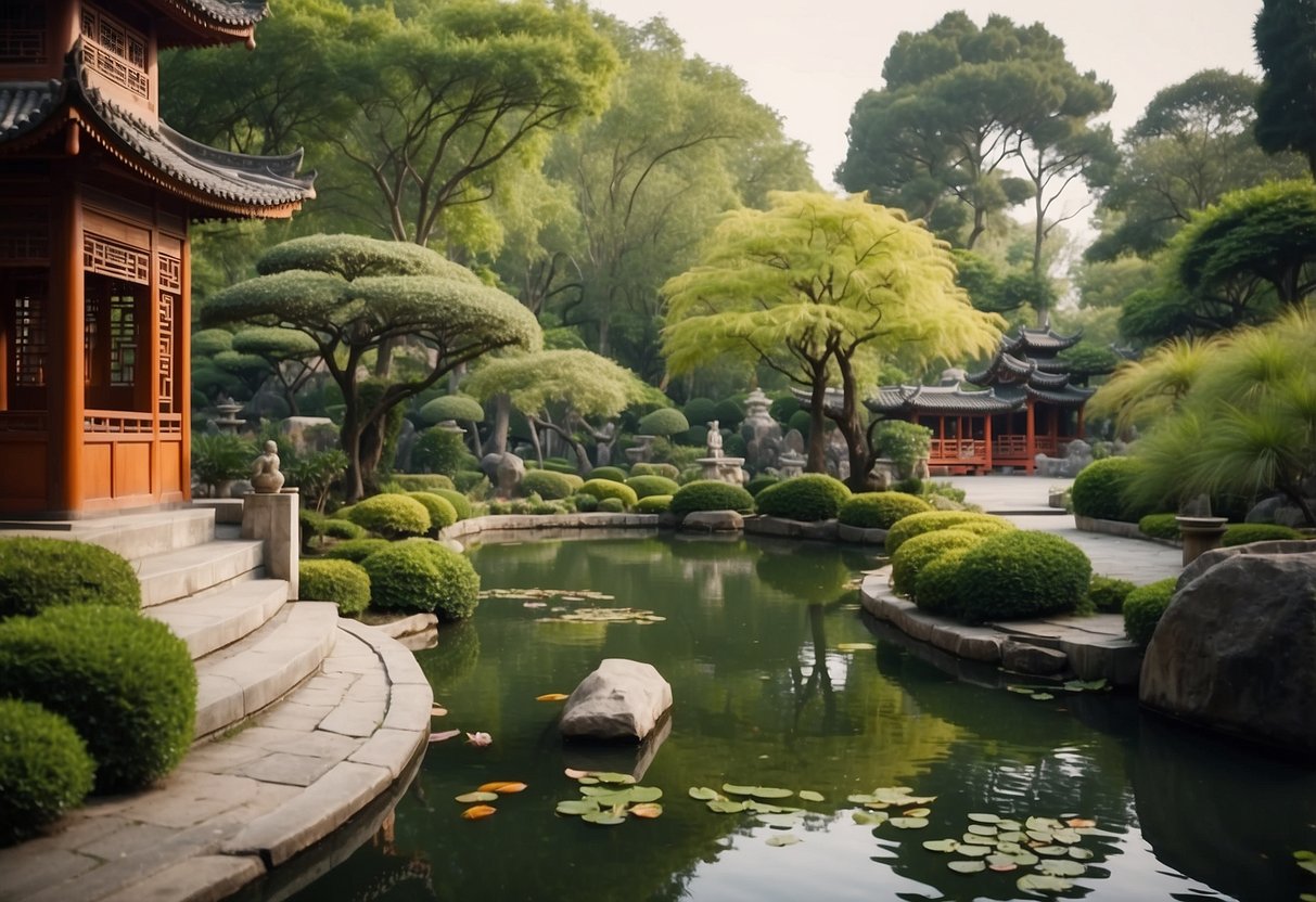 A serene Chinese garden with winding bamboo pathways, stone lanterns, and koi ponds nestled among lush greenery