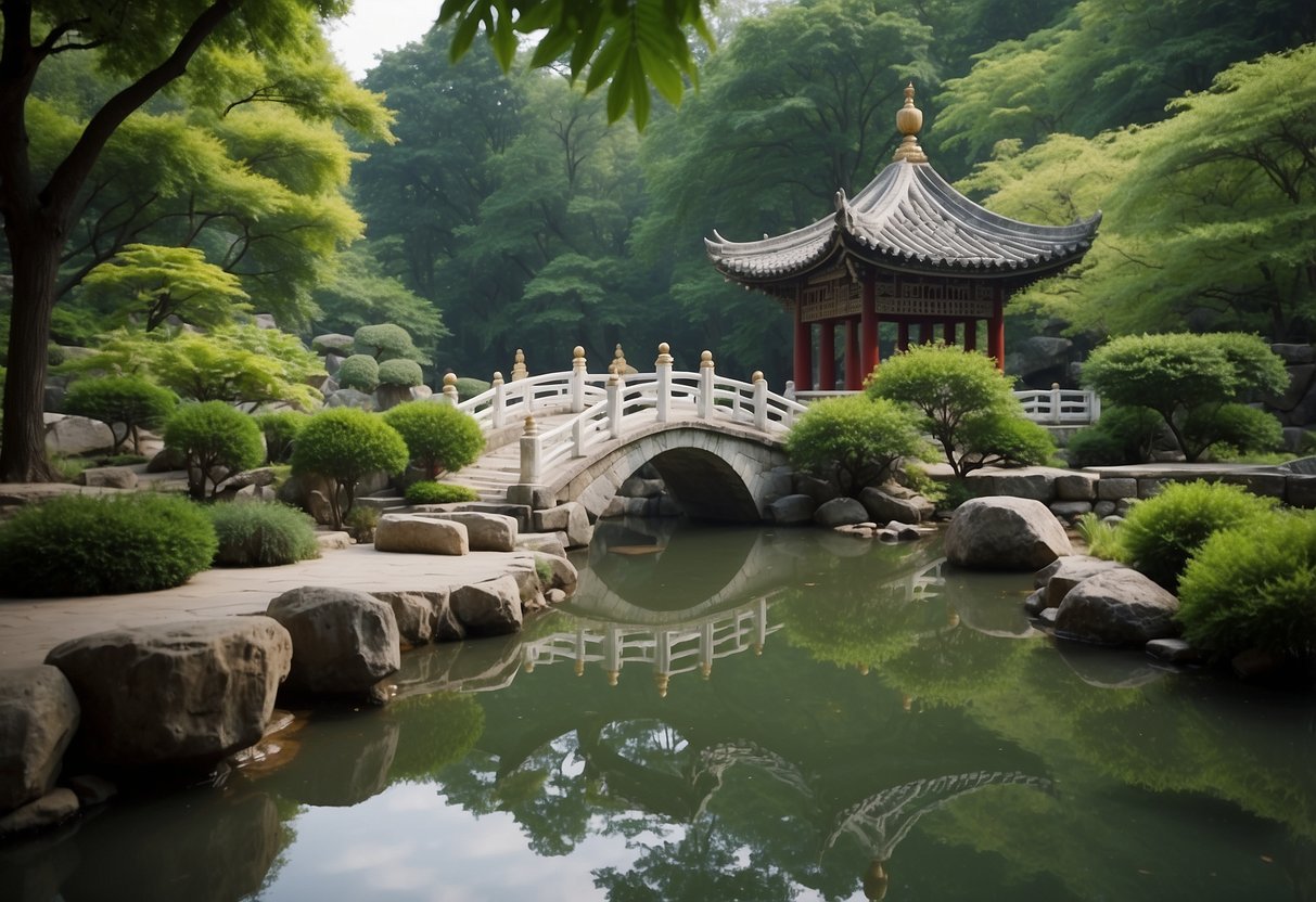 Lush greenery surrounds a tranquil pond with a stone bridge and pagoda in a Chinese rock garden