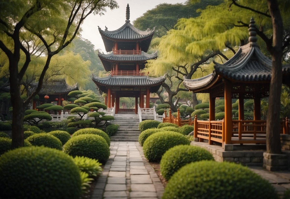 Pagoda lanterns illuminate a serene Chinese garden, casting soft light on winding paths and lush foliage