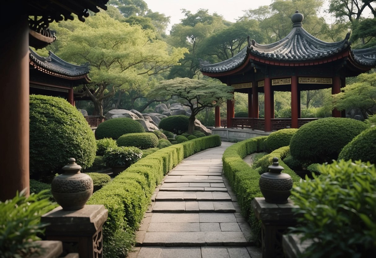 A serene Chinese garden with winding paths, ornate bridges, and lush greenery